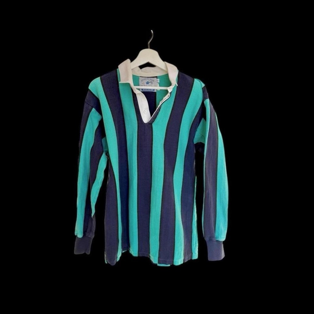 Vintage 80's Lands End Rugby Shirt Large Blue‎ Polo Preppy Ivy USA Made